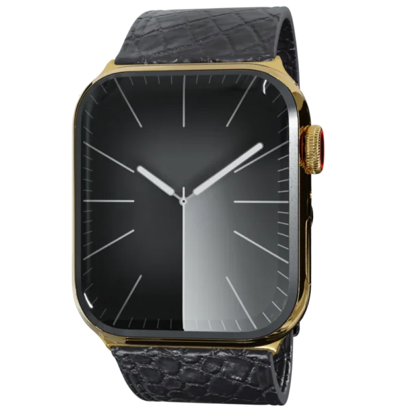 Gold Apple Watch 9 with Black Python Strap FRONT.webp