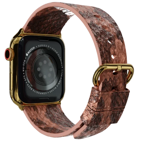 Gold Apple Watch 9 with Brown Python Strap back.webp