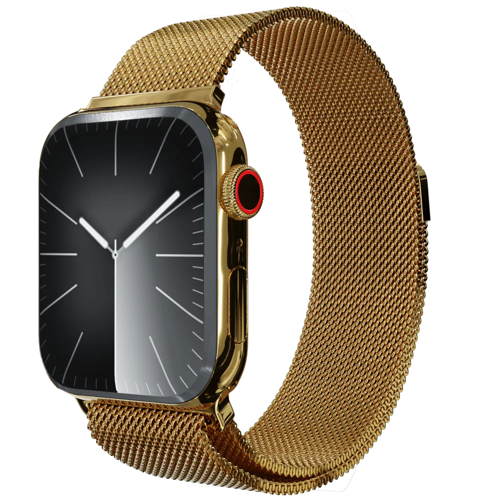 Gold Apple Watch 9 with Milanese strap black face.webp