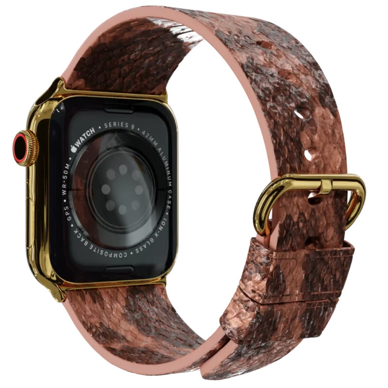 Gold Apple Watch 9 with Brown Python Strap back.webp